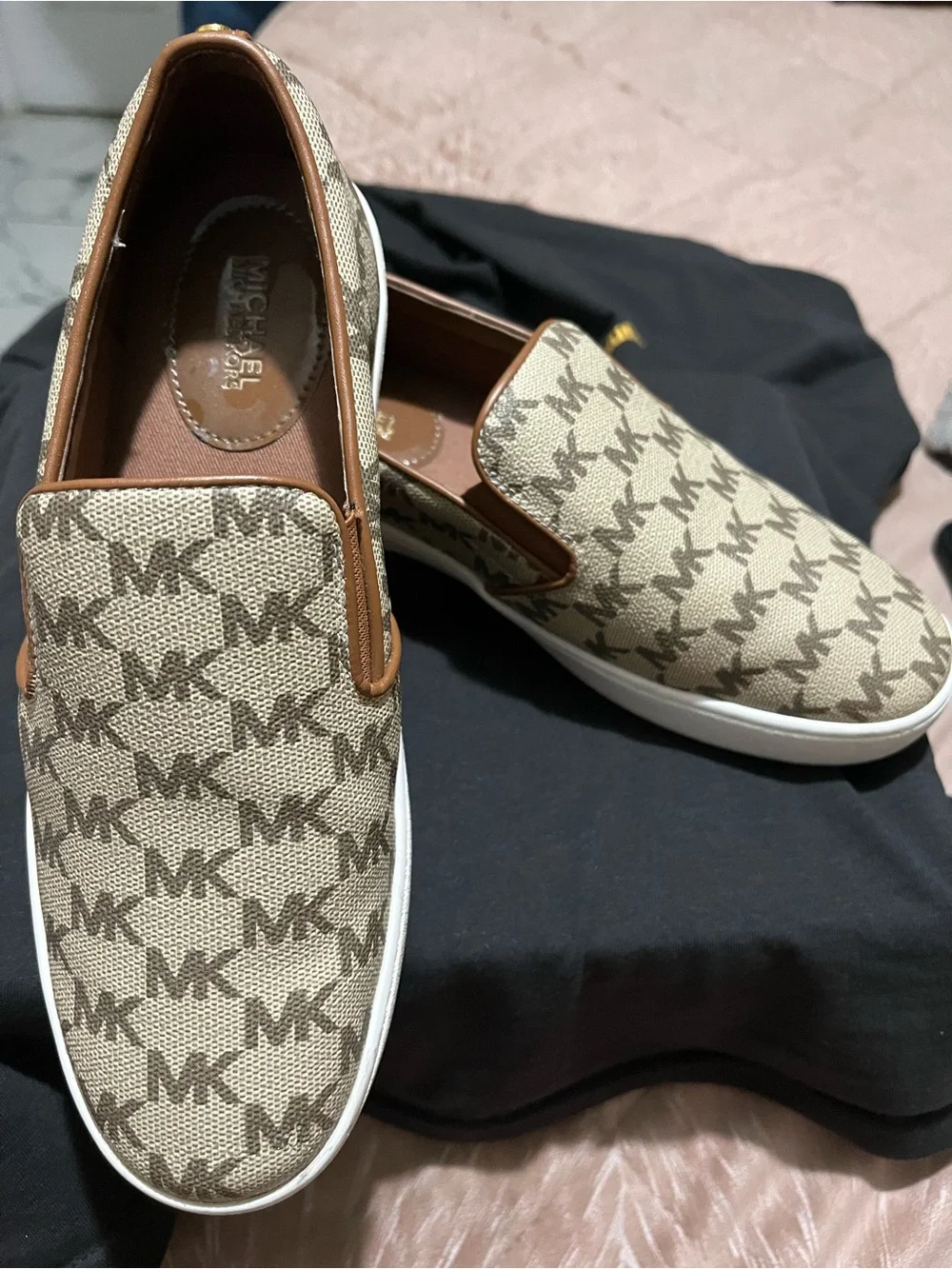 Michael Kors Beige Logo-Print Slip-On Sneakers with White Sole